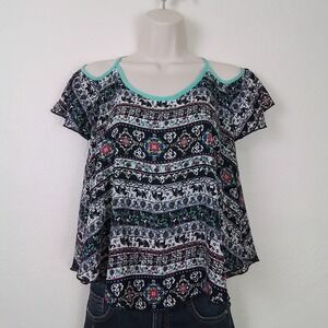 True Y2K PERSAYA Crop Tank Top Sz M Blue‎ Cold Shoulder Boho Chic Floral Geo